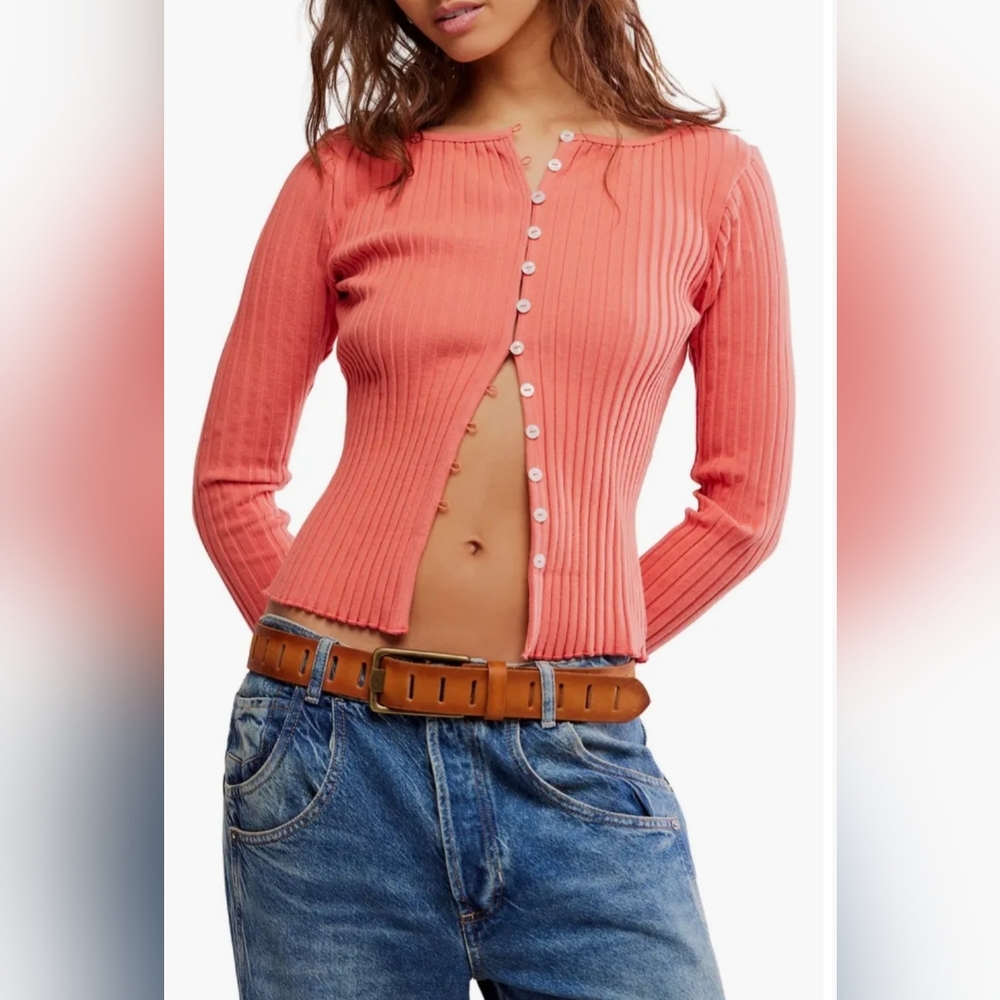 Free People NWT Tilly Ribbed Long Sleeve Cardi in Crabapple *Current*